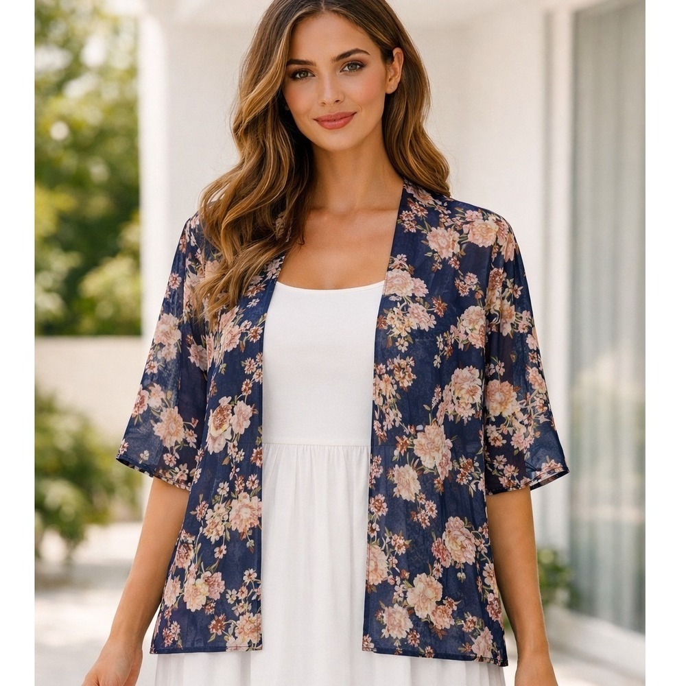 Navy Blue With Pink Floral Sheer Short Sleeve Open Cardigan / Kimono Large EUC